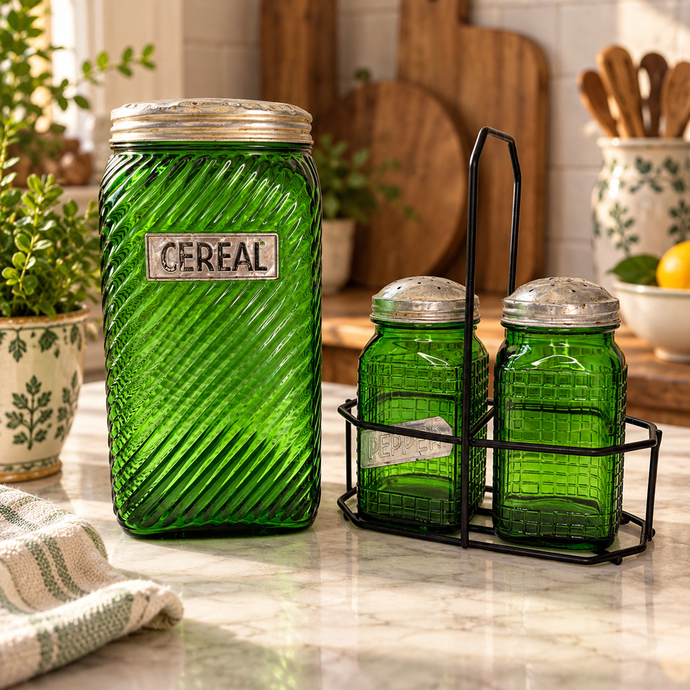 VTG 1930s Owens Illinois Green Depression Glass Cereal Jar & Shaker Set